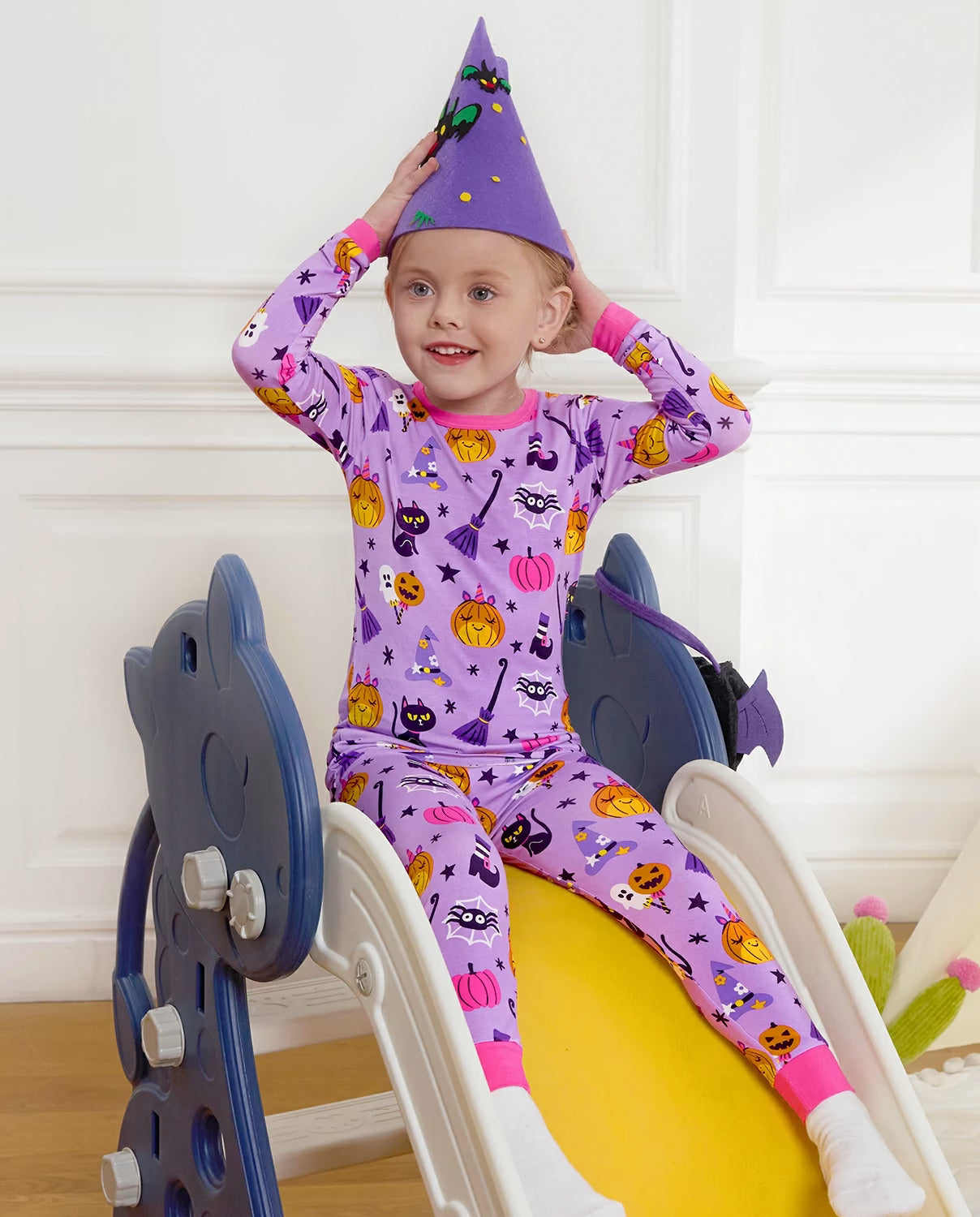 Purple Halloween Long Two-Piece Pajama Set, purple halloween bamboo two piece pjs lifestyle 4