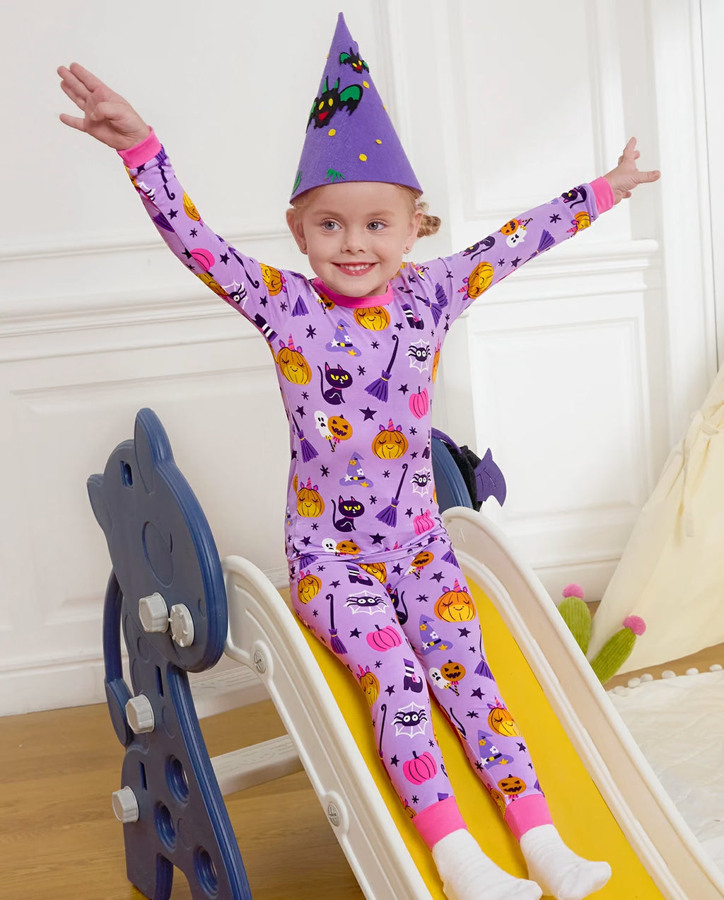 Purple Halloween Long Two-Piece Pajama Set, purple halloween bamboo two piece pjs lifestyle 5