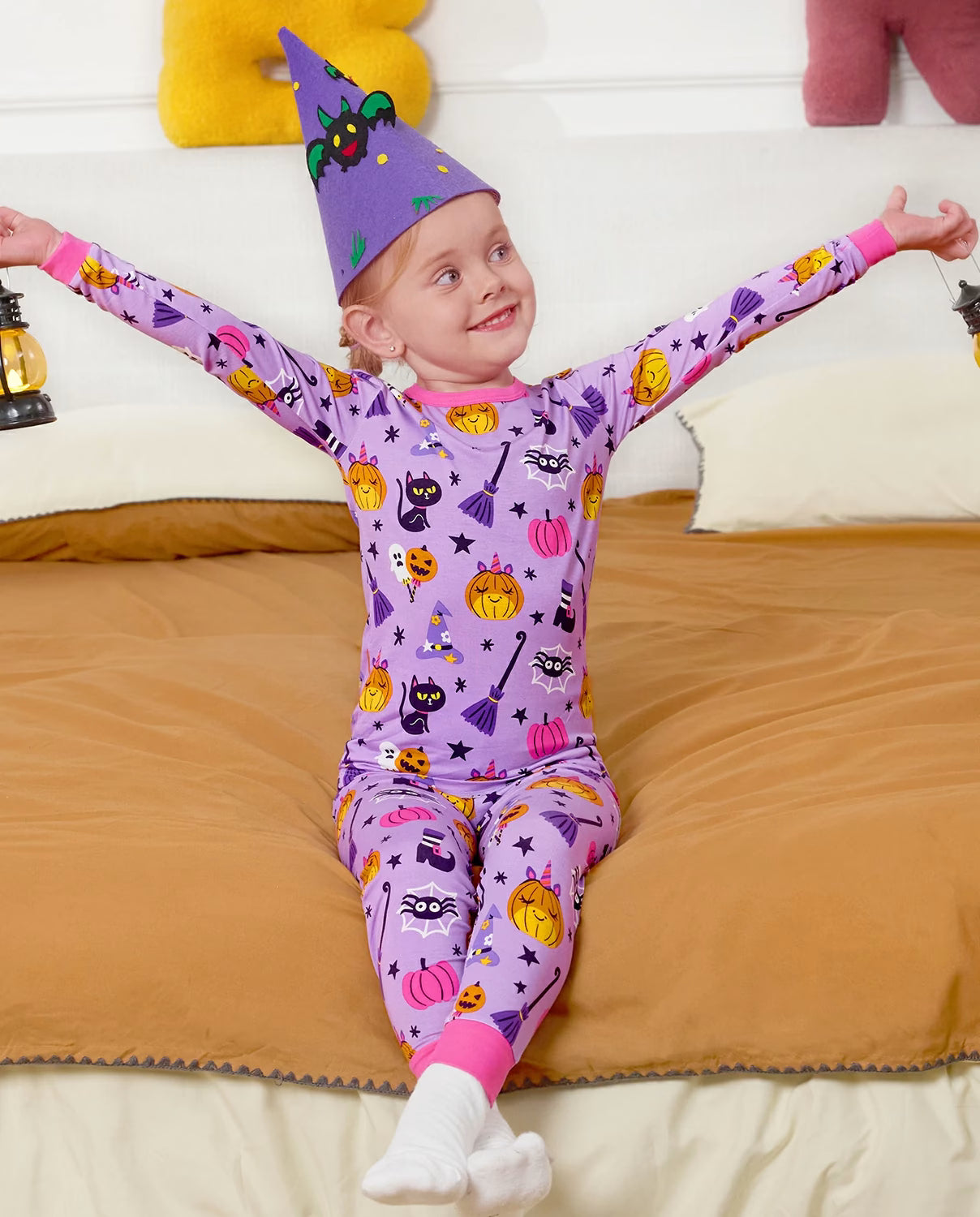 Purple Halloween Long Two-Piece Pajama Set, purple halloween bamboo two piece pjs lifestyle 6