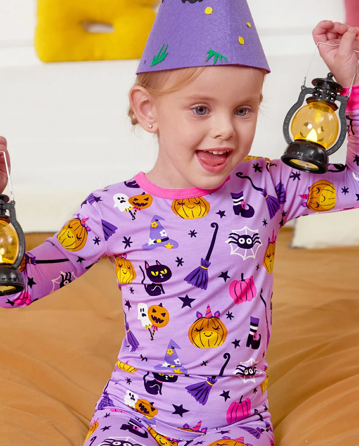 Purple Halloween Long Two-Piece Pajama Set, purple halloween bamboo two piece pjs lifestyle 7