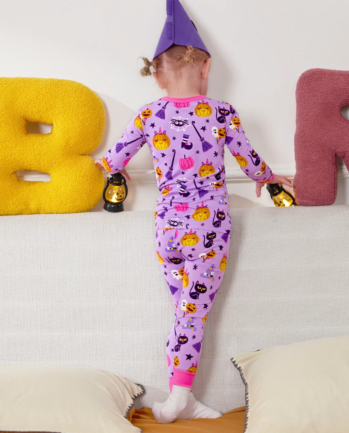 Purple Halloween Long Two-Piece Pajama Set, purple halloween bamboo two piece pjs lifestyle 8