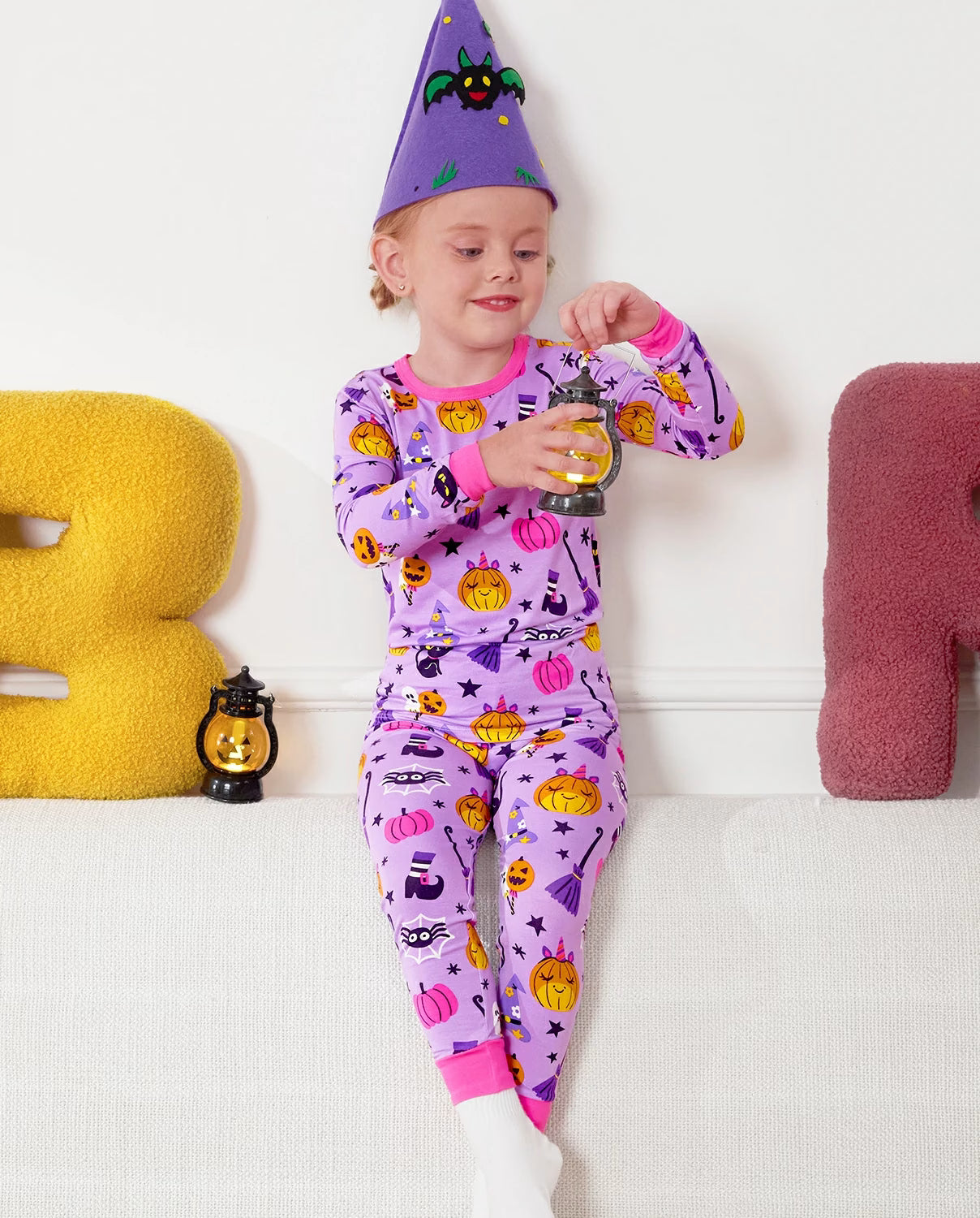 Purple Halloween Long Two-Piece Pajama Set, purple halloween bamboo two piece pjs lifestyle 9