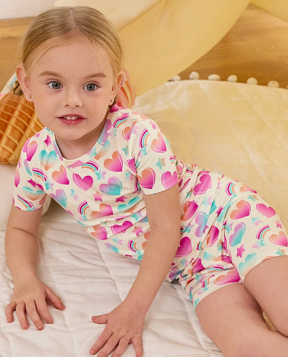 Rainbow Heart Short Two-Piece Pajama Set, rainbow heart bamboo short two piece pjs lifestyle 04