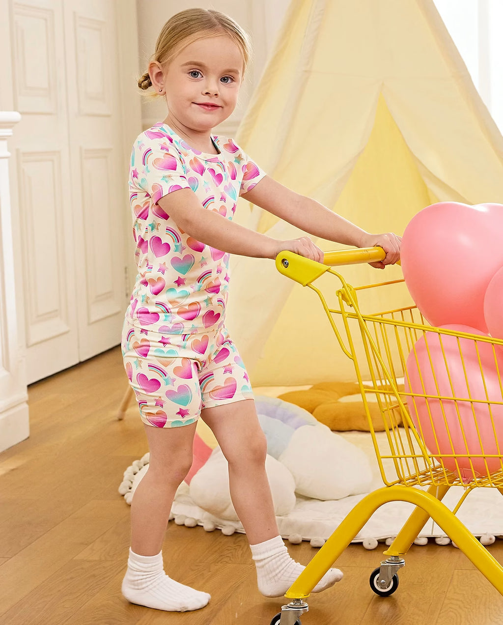 Rainbow Heart Short Two-Piece Pajama Set, rainbow heart bamboo short two piece pjs lifestyle 05