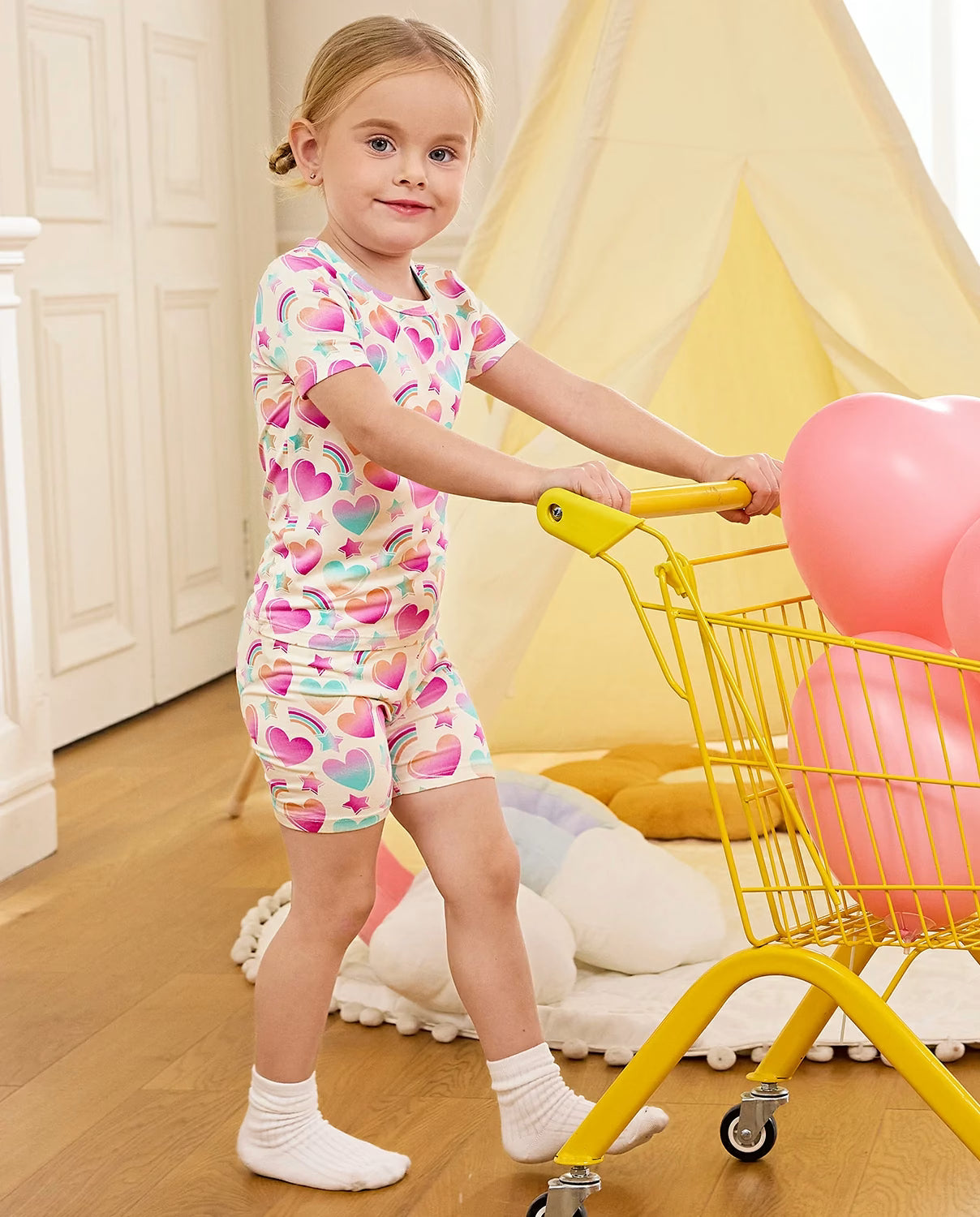 Rainbow Heart Short Two-Piece Pajama Set, rainbow heart bamboo short two piece pjs lifestyle 05