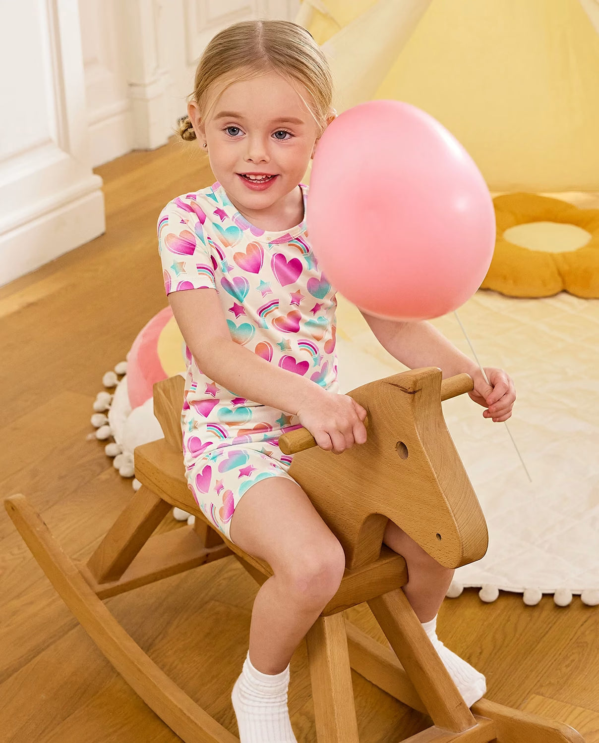 Rainbow Heart Short Two-Piece Pajama Set, rainbow heart bamboo short two piece pjs lifestyle 06