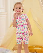 Rainbow Heart Short Two-Piece Pajama Set, rainbow heart bamboo short two piece pjs lifestyle 07
