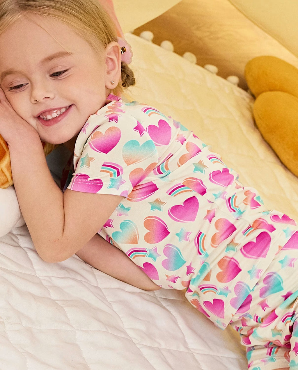 Rainbow Heart Short Two-Piece Pajama Set, rainbow heart bamboo short two piece pjs lifestyle 08