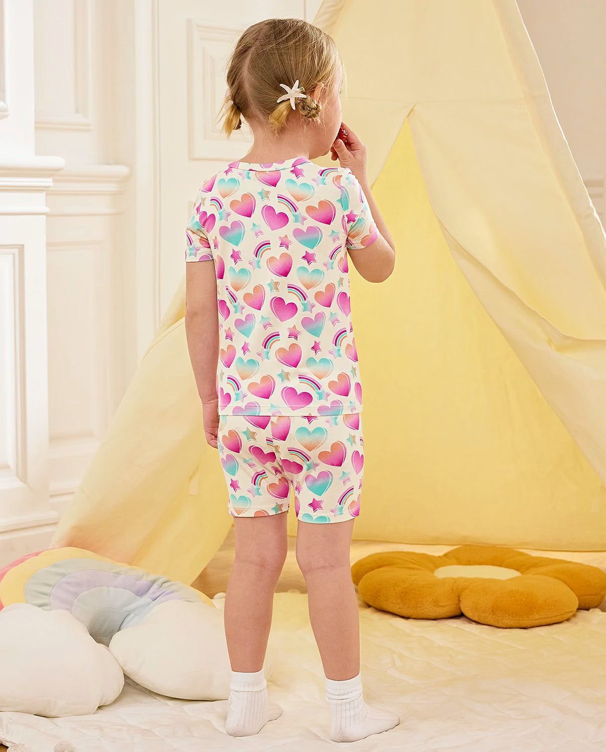 Rainbow Heart Short Two-Piece Pajama Set, rainbow heart bamboo short two piece pjs lifestyle 10