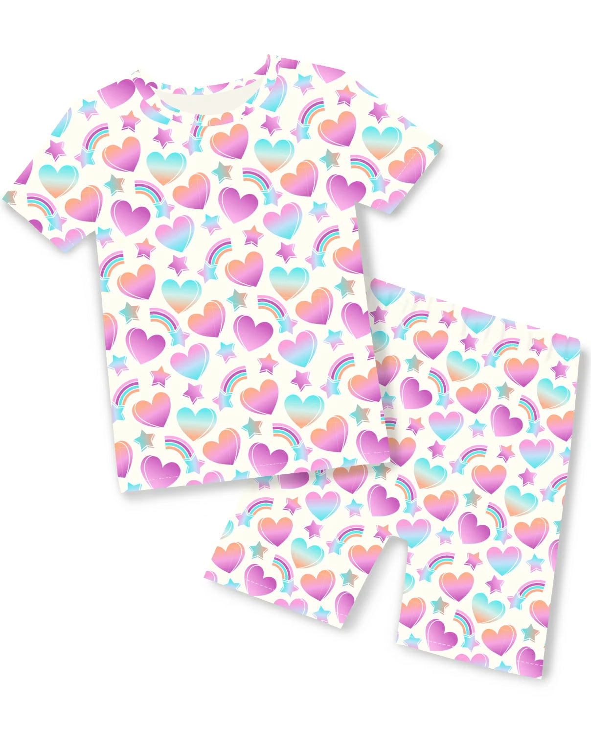 Rainbow Heart Short Two-Piece Pajama Set, rainbow heart short two piece pajama set main