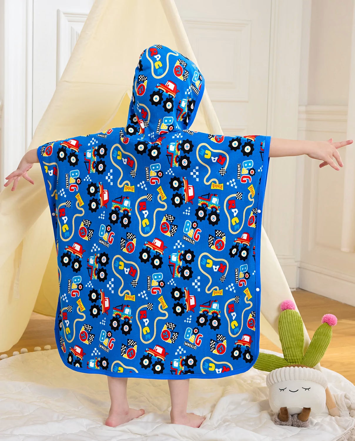 Ready? Go! Hooded Toddler Bath Towel - child wearing the hooded towel, back view
