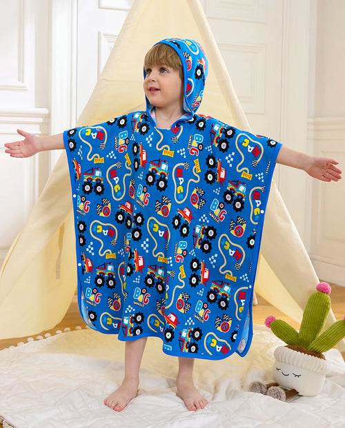 Ready? Go! Hooded Toddler Bath Towel - child wearing the blue vehicle-print hooded towel, front view