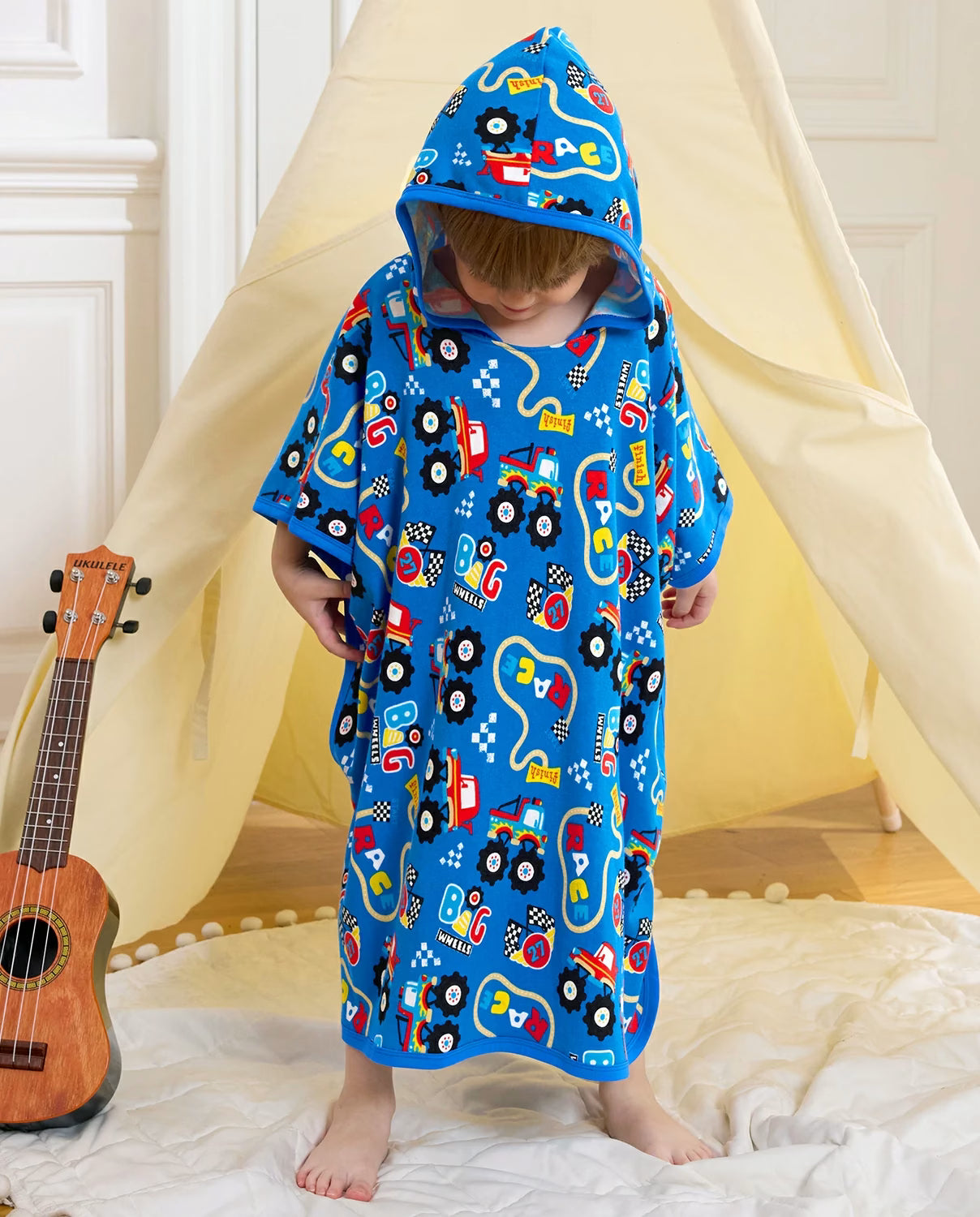 Ready? Go! Hooded Toddler Bath Towel - child wearing the hooded towel with the hood up, full-length view