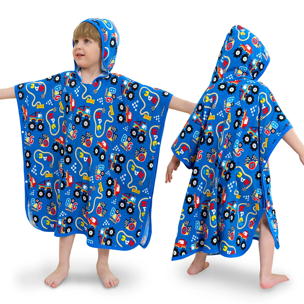 Ready? Go! Hooded Toddler Bath Towel - front and back views of the blue vehicle-print hooded towel