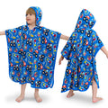 Ready? Go! Hooded Toddler Bath Towel - front and back views of the blue vehicle-print hooded towel