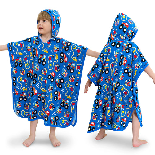 Ready? Go! Hooded Toddler Bath Towel - front and back views of the blue vehicle-print hooded towel