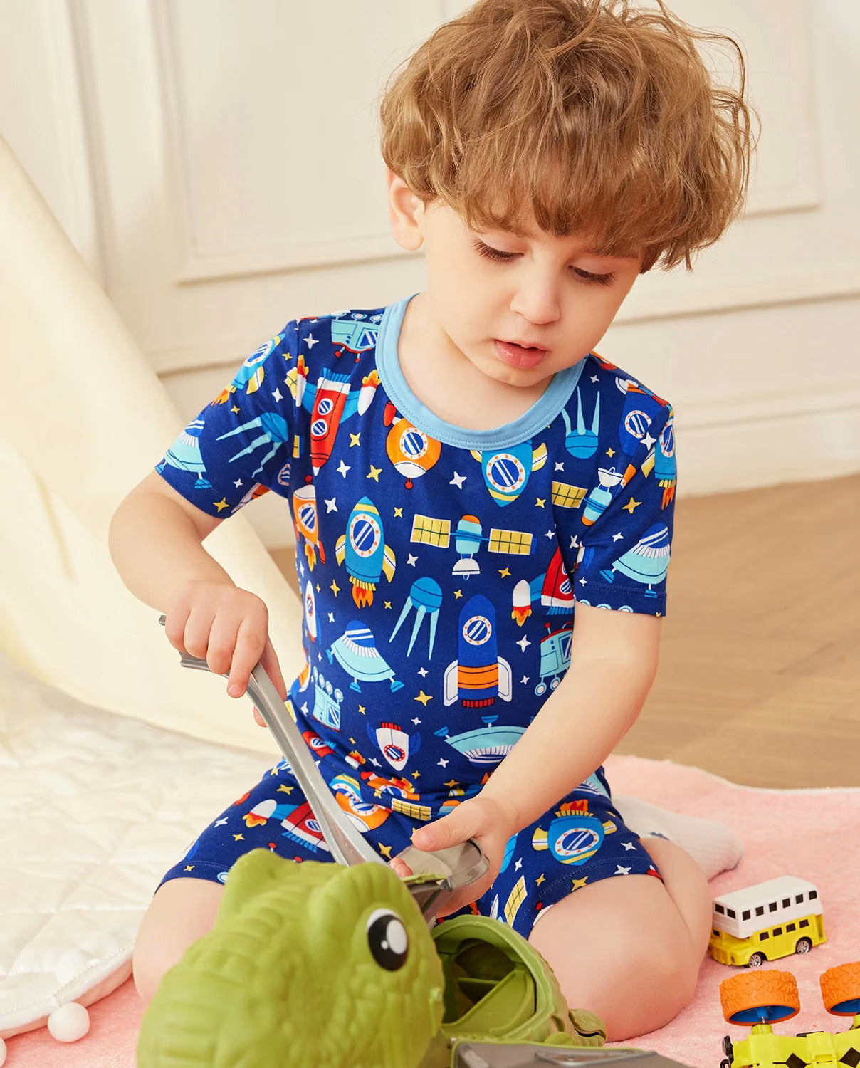 Rocket Adventure Short Two-Piece Pajama Set, rocket adventure bamboo short two piece pjs lifestyle 02