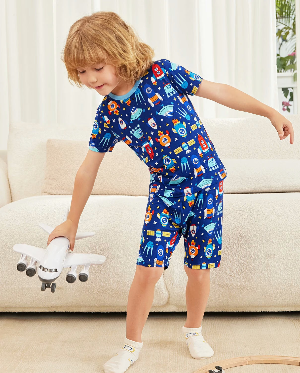 Rocket Adventure Short Two-Piece Pajama Set, rocket adventure bamboo short two piece pjs lifestyle 03