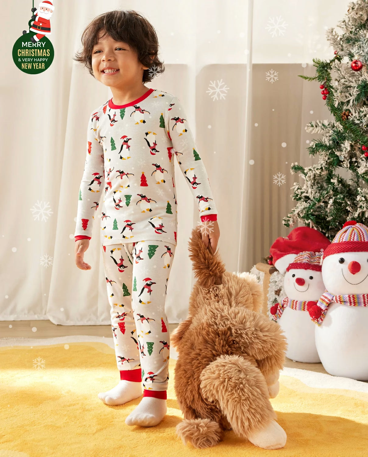 Santa Penguin Long Two-Piece Pajama Set, santa penguin bamboo long two piece pjs lifestyle 01