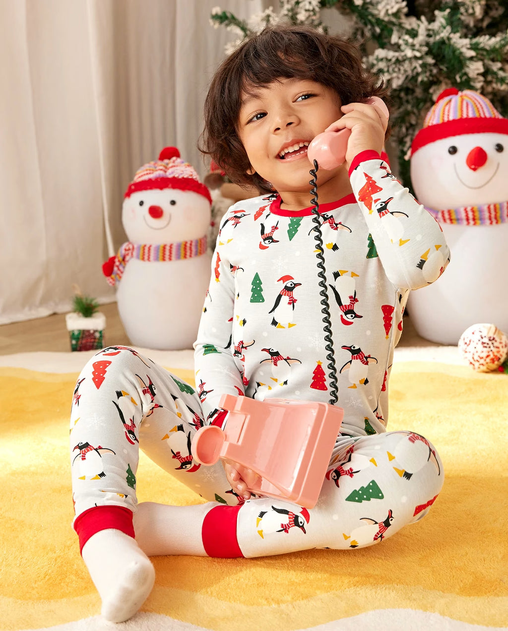 Santa Penguin Long Two-Piece Pajama Set, santa penguin bamboo long two piece pjs lifestyle 03