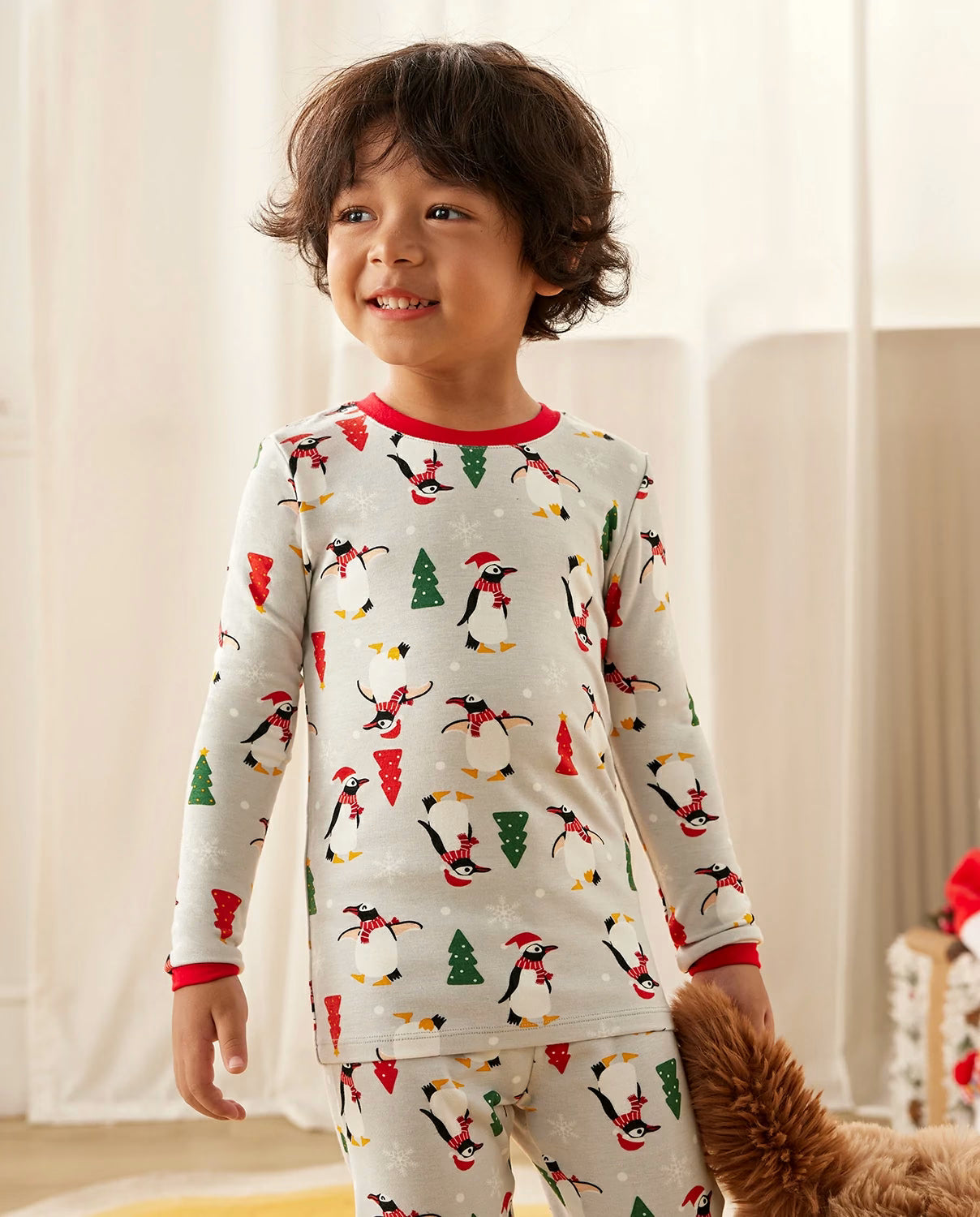 Santa Penguin Long Two-Piece Pajama Set, santa penguin bamboo long two piece pjs lifestyle 06