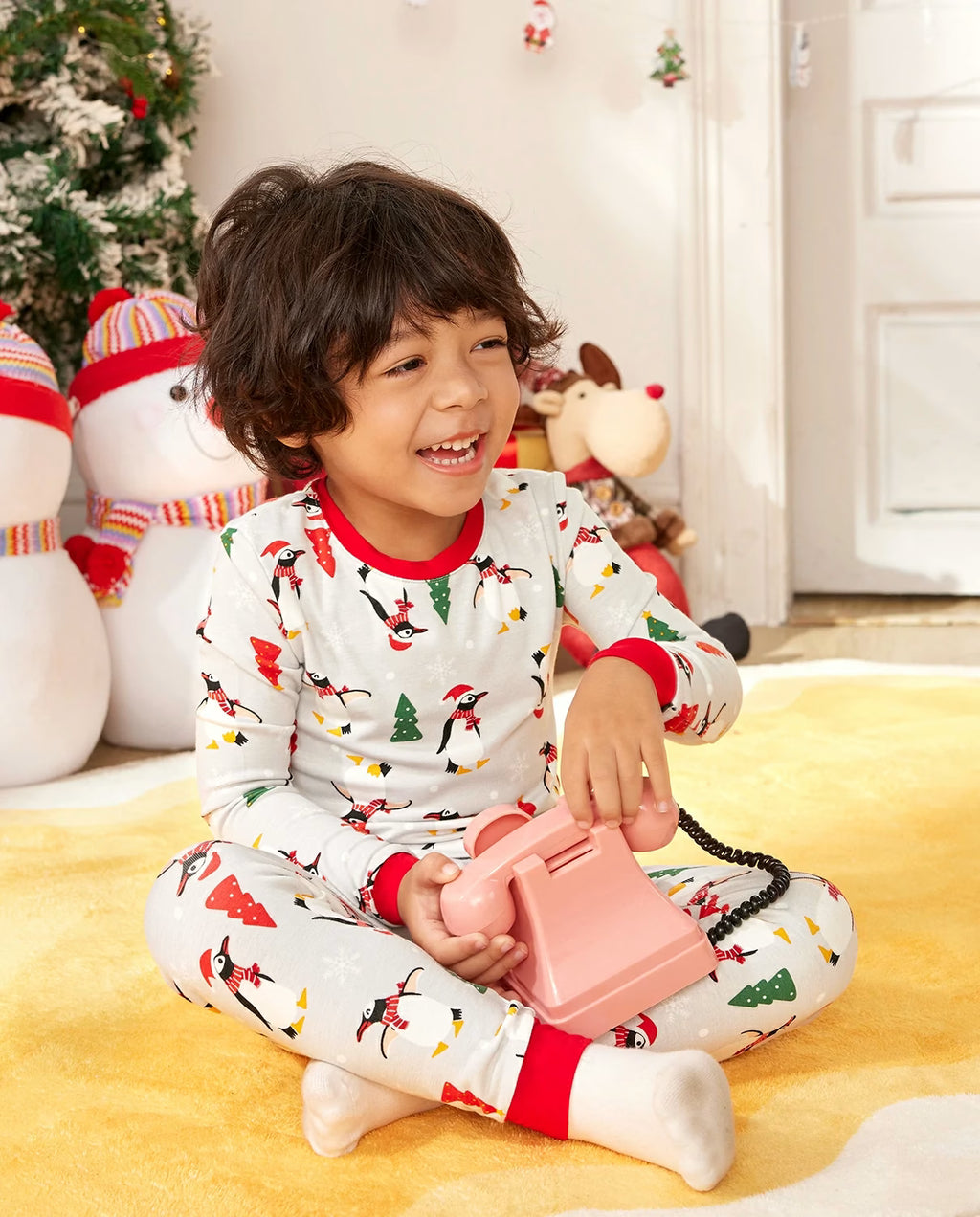 Santa Penguin Long Two-Piece Pajama Set, santa penguin bamboo long two piece pjs lifestyle 09