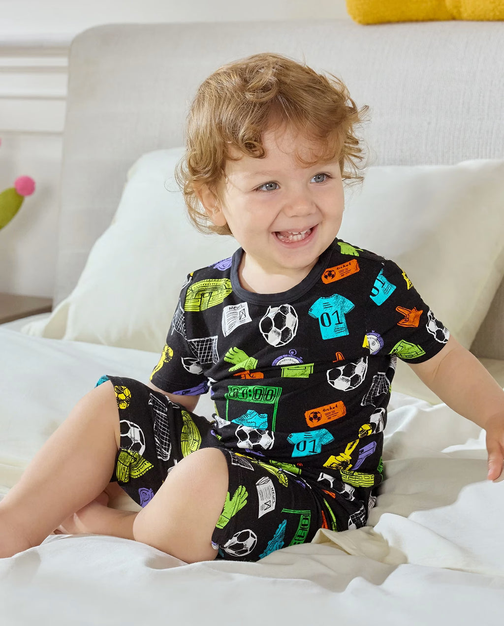 Soccer Mode On Short Two-Piece Pajama Set, soccer mode on bamboo short two piece pjs lifestyle 03