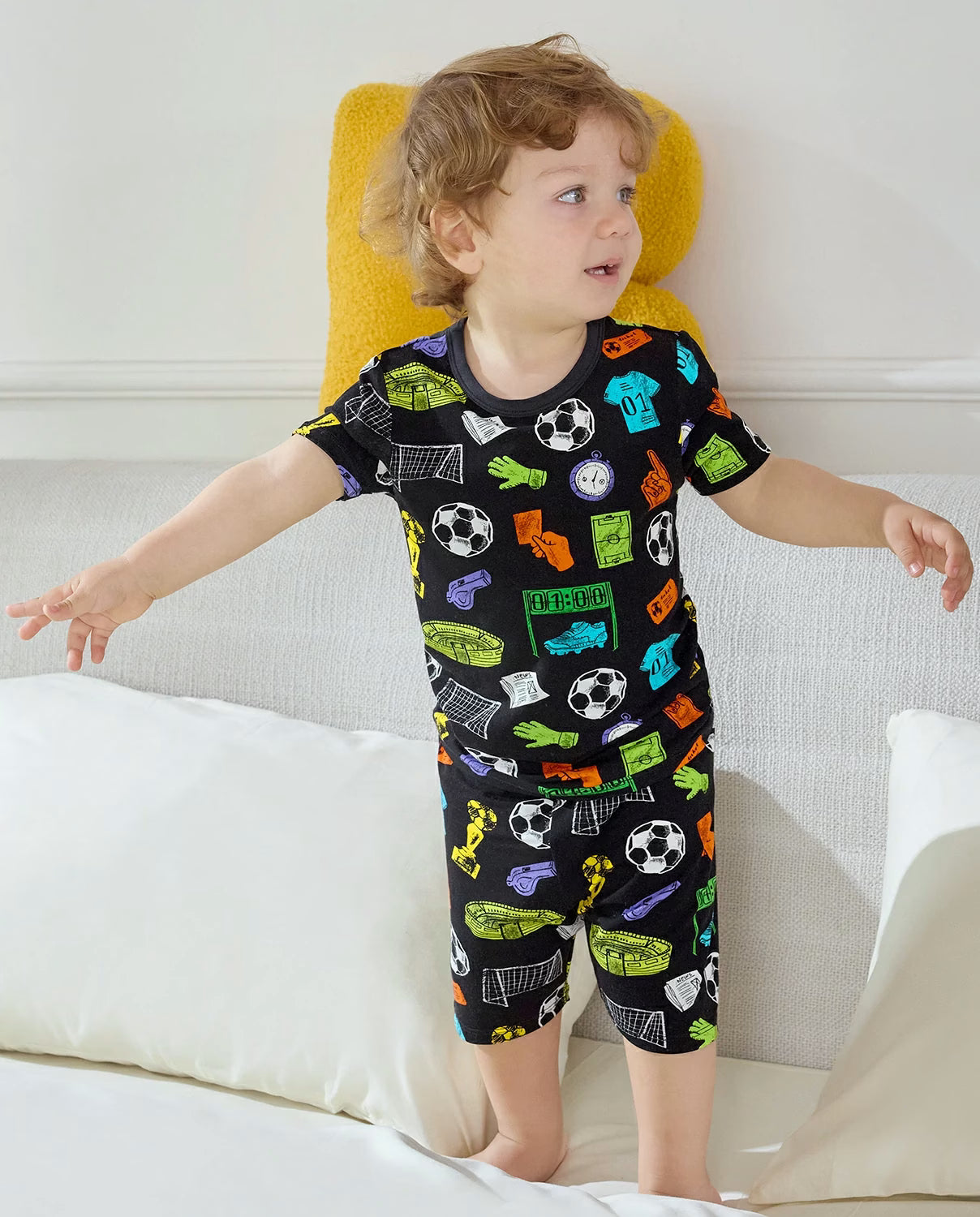 Soccer Mode On Short Two-Piece Pajama Set, soccer mode on bamboo short two piece pjs lifestyle 06