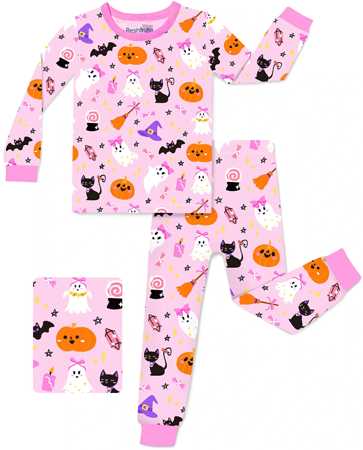 Spooky Cute Long Two-Piece Pajama Set with pink Halloween ghost pumpkin and cat print for kids