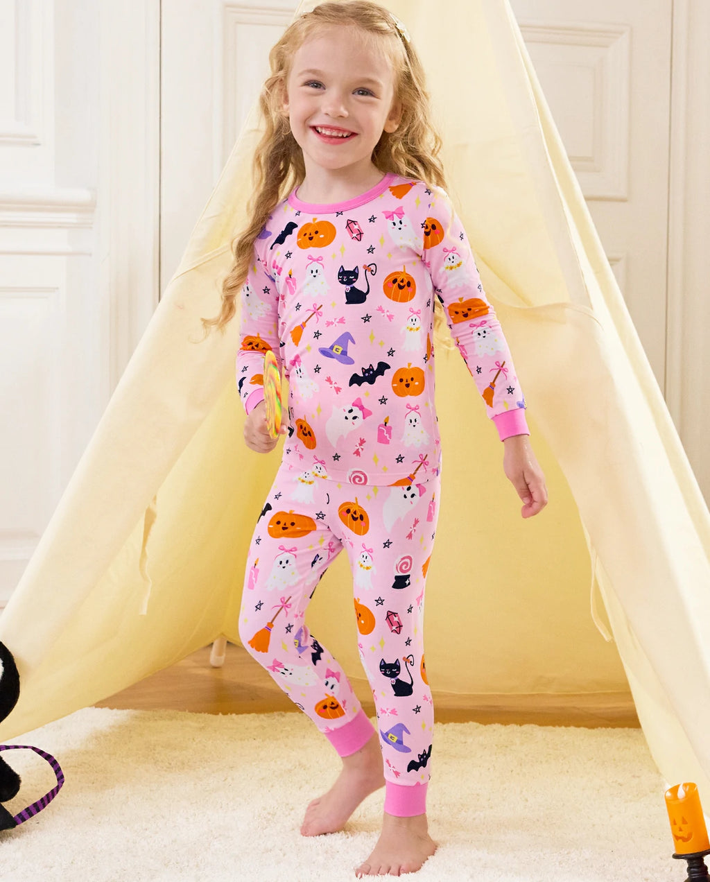 Spooky Cute Long Two-Piece Pajama Set - child wearing the pajamas, full-length front view