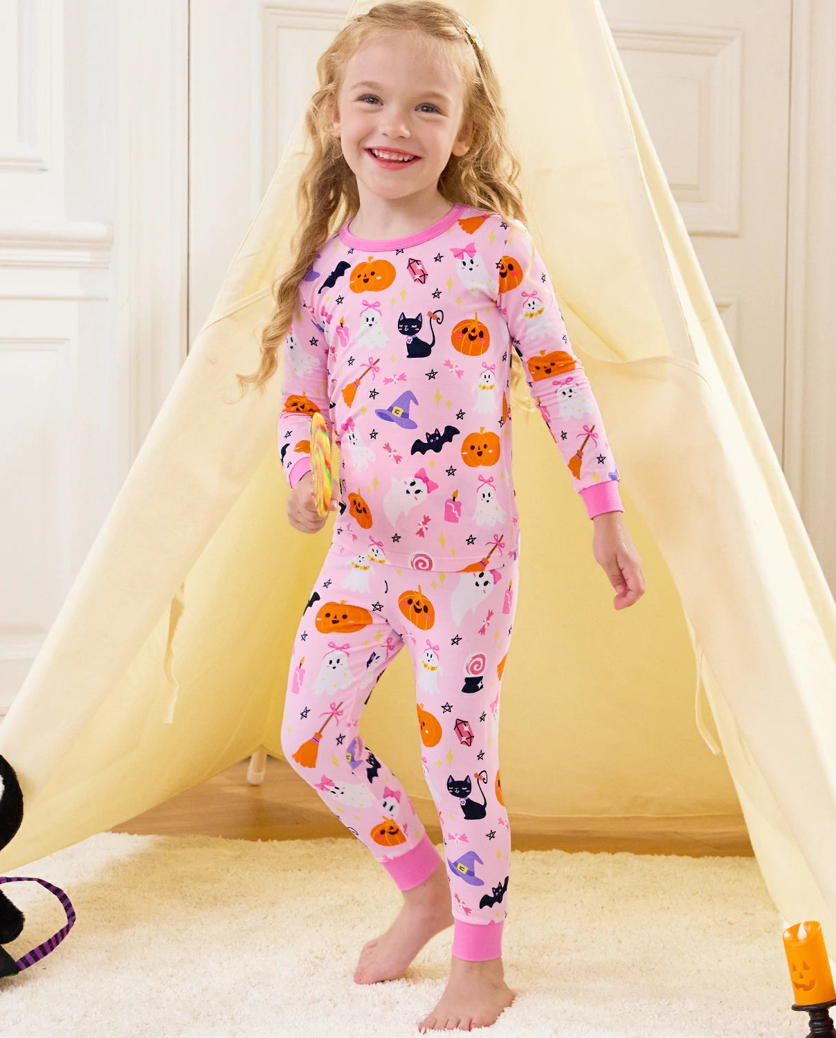 Spooky Cute Long Two-Piece Pajama Set - child wearing the pajamas, full-length front view