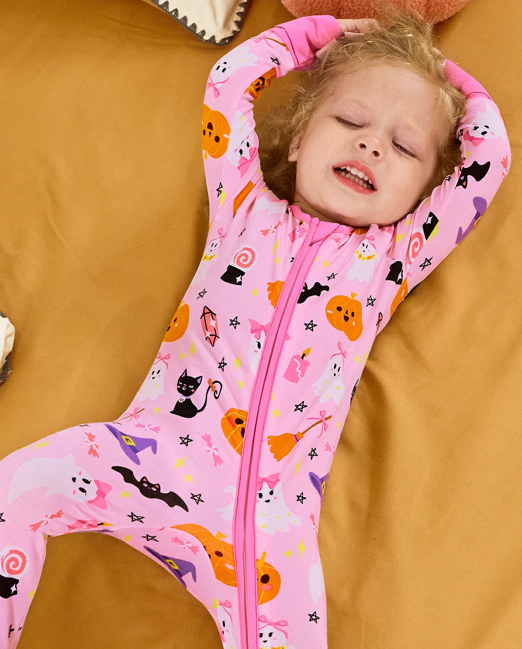Spooky Cute Bamboo Zippy baby sleeper with pink Halloween print for cozy bedtime moments