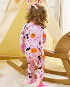Spooky Cute Bamboo Zippy baby sleeper back view with Halloween ghost pumpkin and cat pattern
