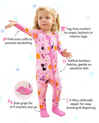 Spooky Cute Bamboo Zippy features including two-way zipper fold-over cuffs and soft bamboo fabric comfort