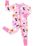Spooky Cute Bamboo Zippy baby pajamas with pink Halloween ghost pumpkin and witch print