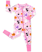 Spooky Cute Bamboo Zippy baby pajamas with pink Halloween ghost pumpkin and witch print