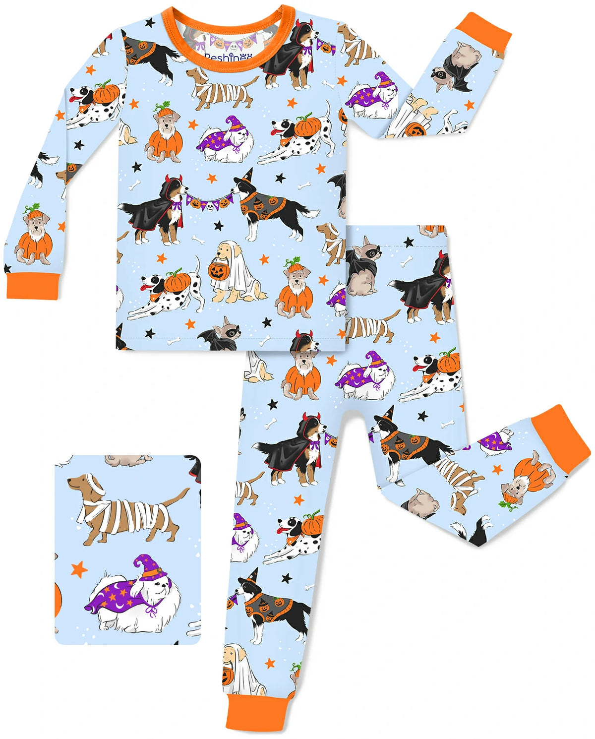 Spooky Pups bamboo long two-piece pajama set with Halloween dog print, orange cuffs, long-sleeve top, and matching pants