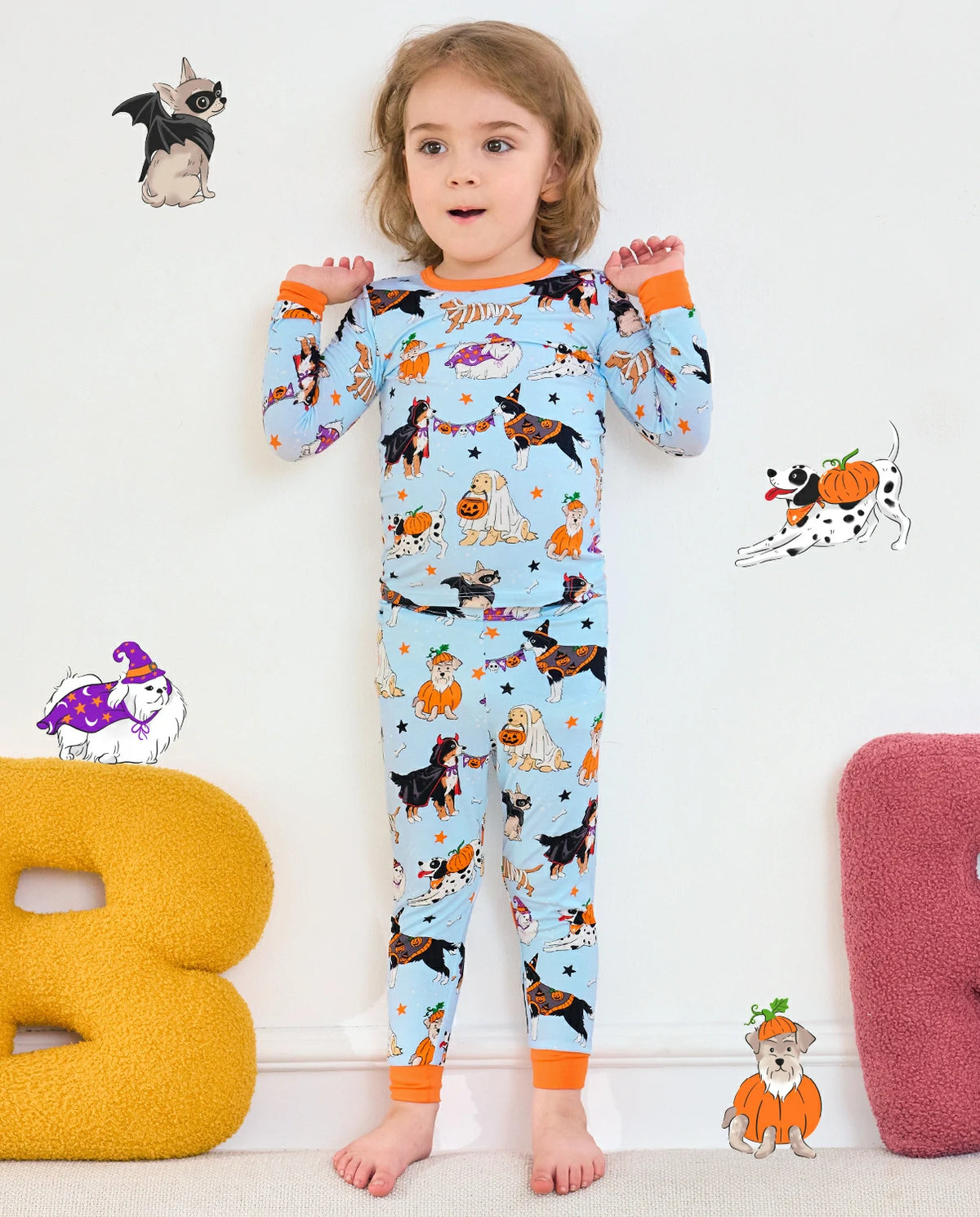 Spooky Pups Long Two-Piece Pajama Set - child wearing the pajamas, full front view