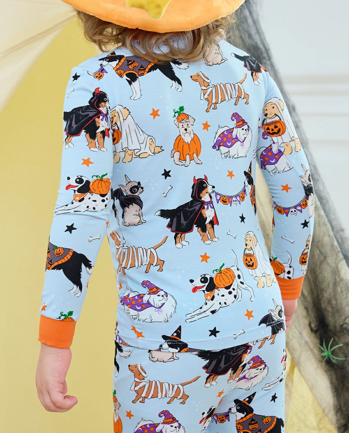 Spooky Pups Long Two-Piece Pajama Set - child wearing the pajamas, full back view