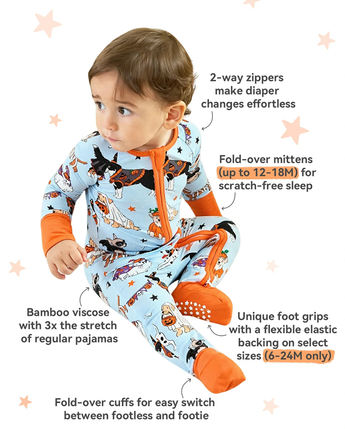 Spooky Pups Bamboo Zippy feature graphic with zipper mittens stretch and foot grips