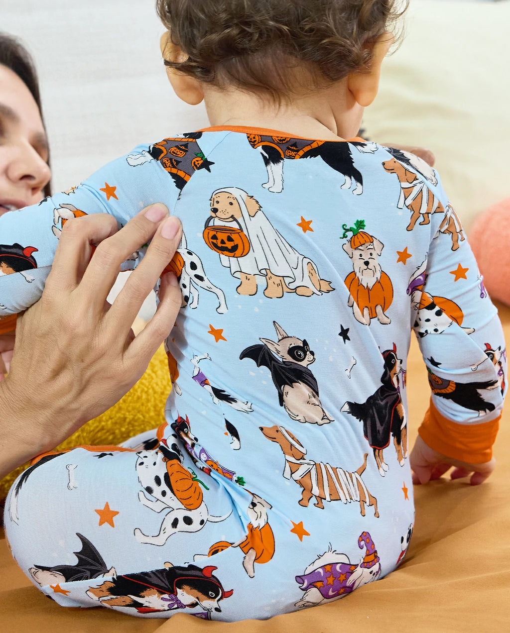 Back view of Spooky Pups Bamboo Zippy with Halloween dog print
