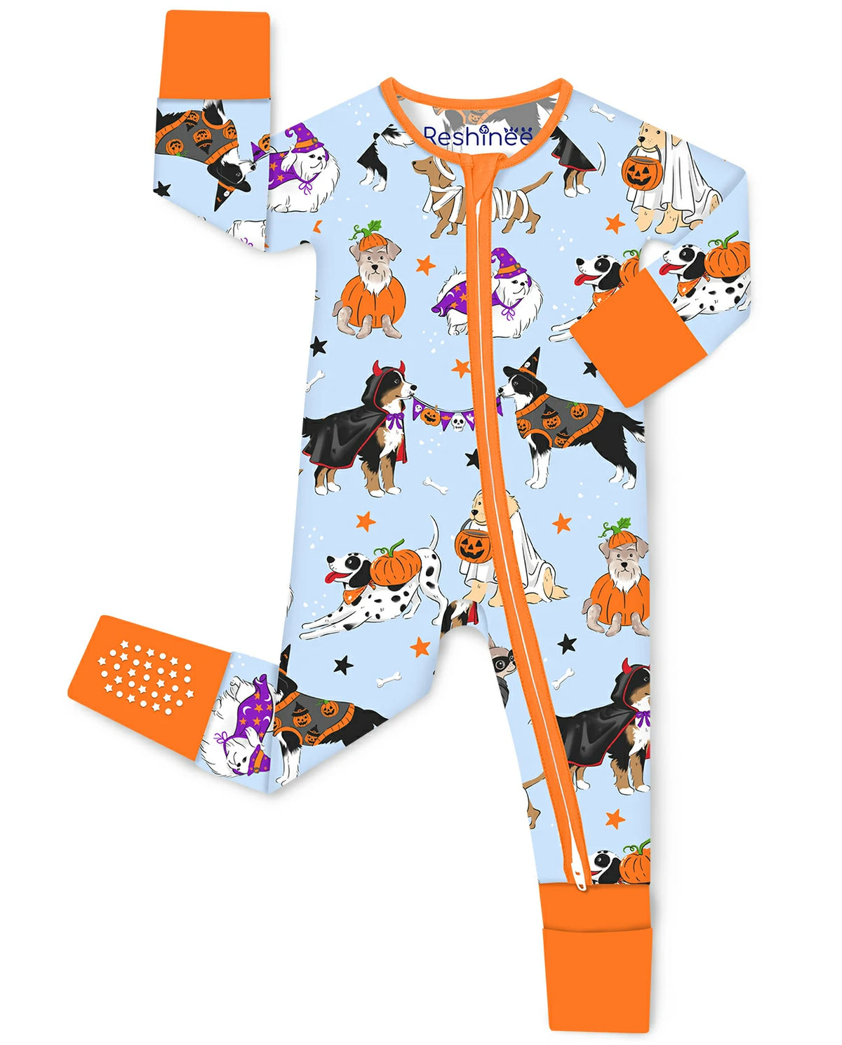 Spooky Pups Bamboo Zippy with Halloween dog print and orange zipper