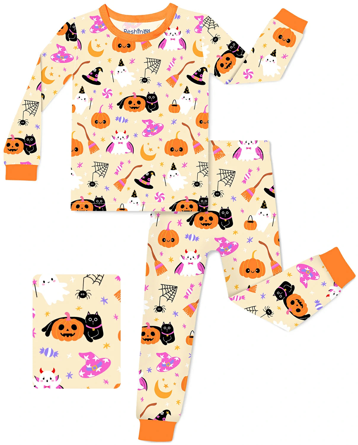 Spooky Sweet Long Two-Piece Pajama Set with cute Halloween ghost pumpkin cat and witch hat print