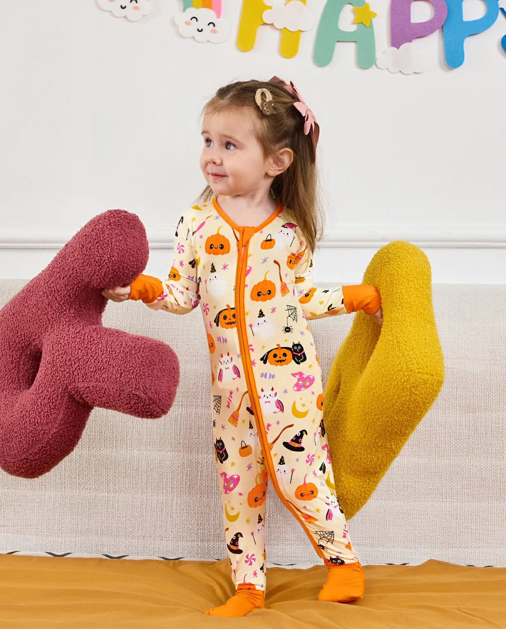 Spooky Sweet Bamboo Zippy baby pajamas with Halloween pumpkin ghost and cat print