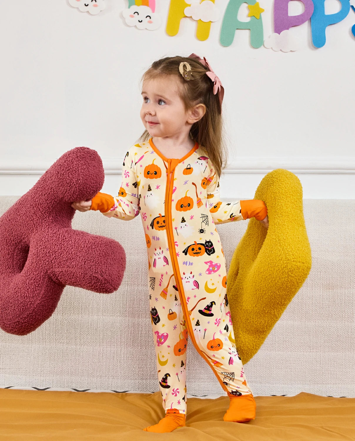 Spooky Sweet Bamboo Zippy baby pajamas with Halloween pumpkin ghost and cat print