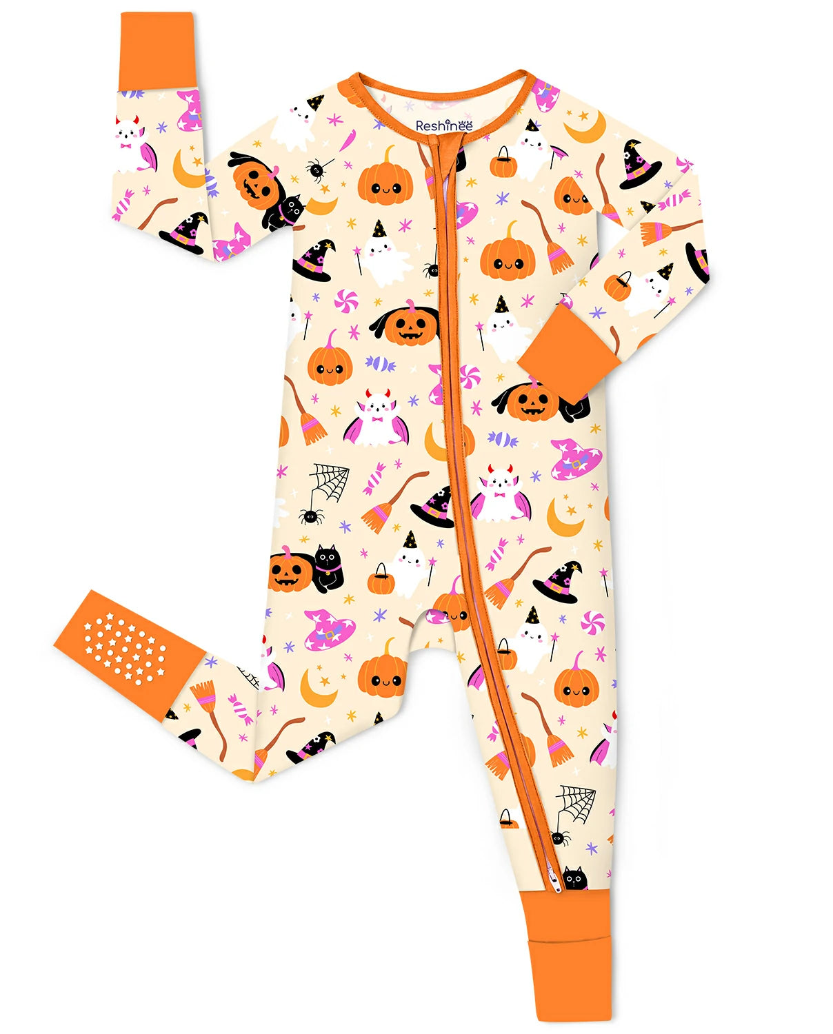 Spooky Sweet Bamboo Zippy baby pajamas with Halloween pumpkin ghost cat and witch print