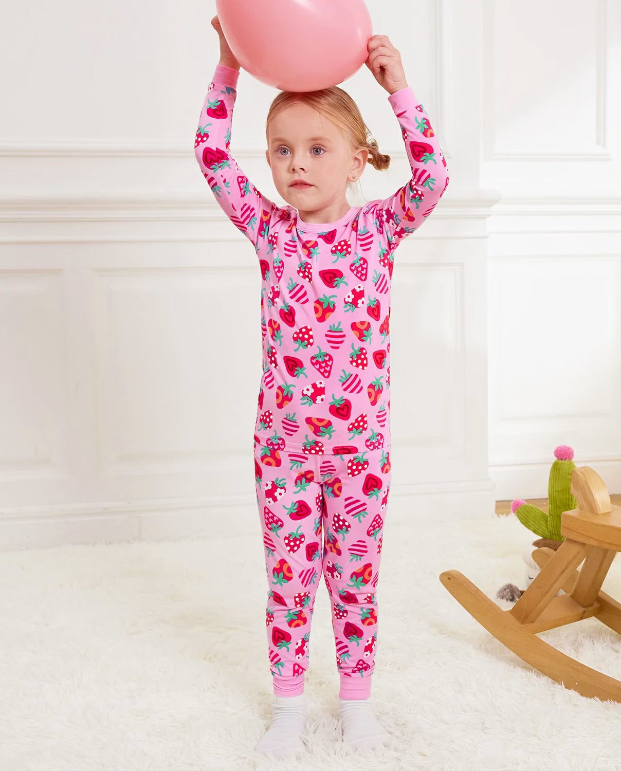 Strawberry Kisses Long Two-Piece Pajama Set, strawberry kisses bamboo two piece pjs lifestyle 1