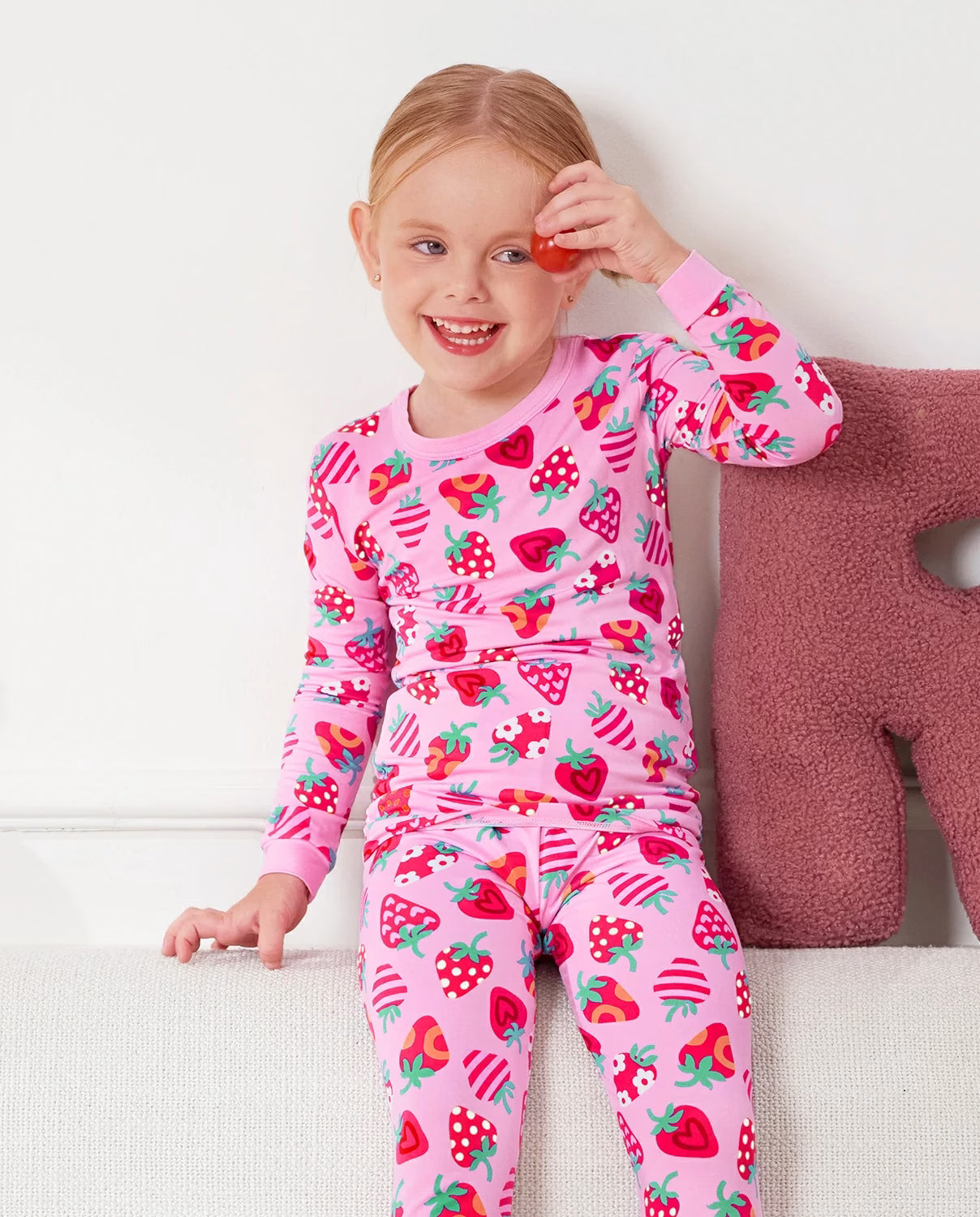 Strawberry Kisses Long Two-Piece Pajama Set, strawberry kisses bamboo two piece pjs lifestyle 11