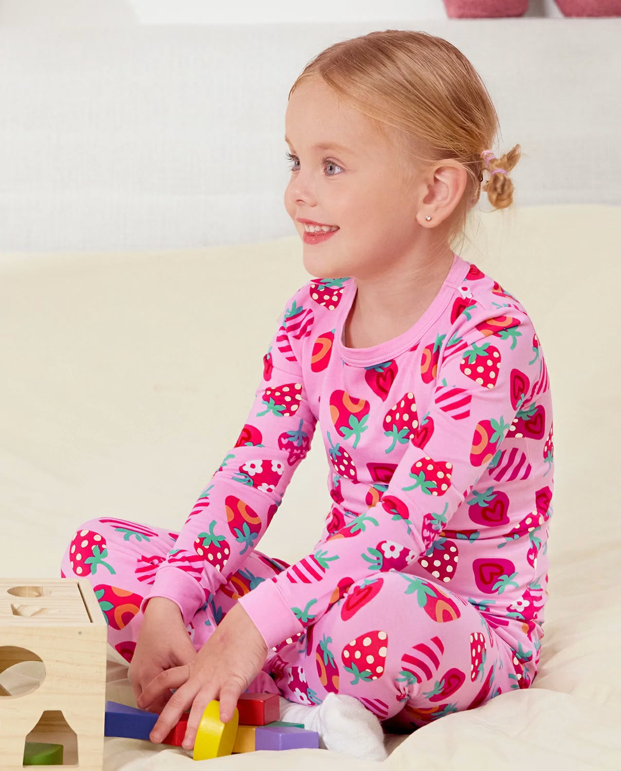 Strawberry Kisses Long Two-Piece Pajama Set, strawberry kisses bamboo two piece pjs lifestyle 2