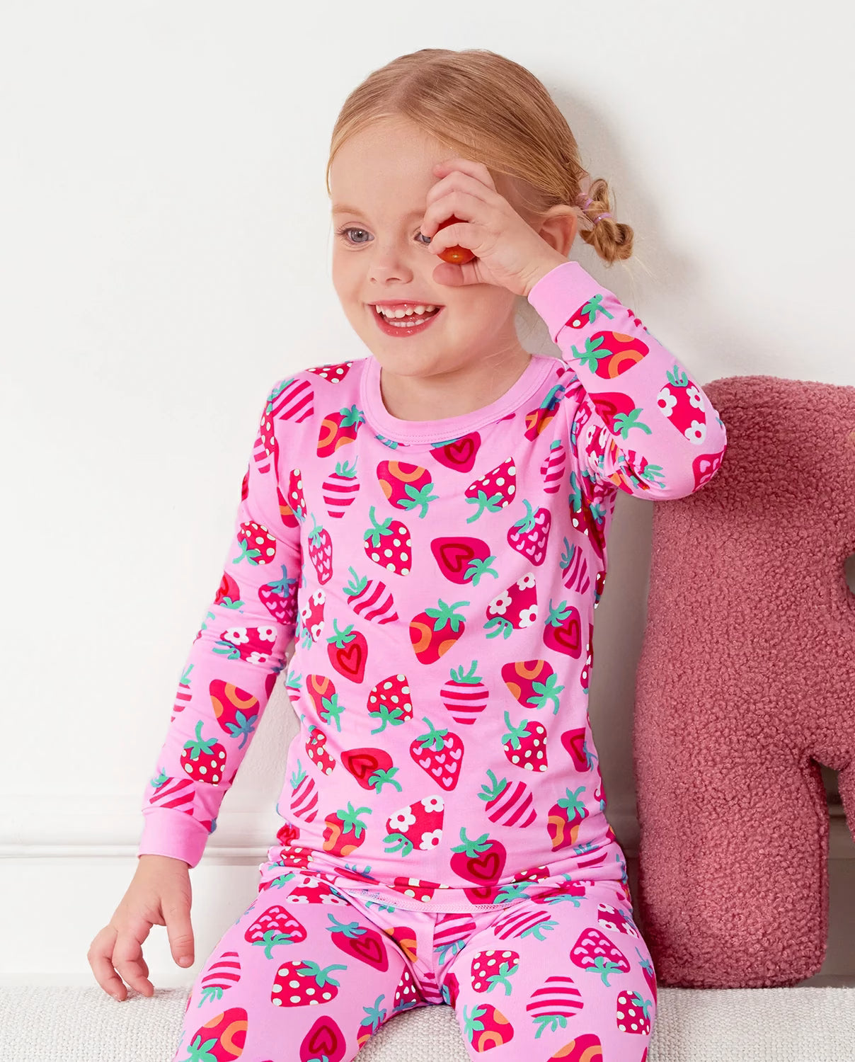 Strawberry Kisses Long Two-Piece Pajama Set, strawberry kisses bamboo two piece pjs lifestyle 3